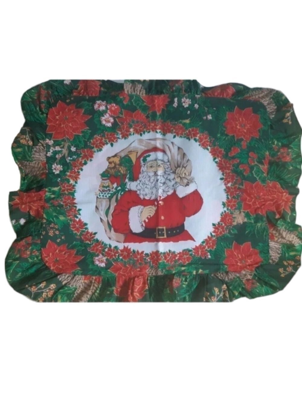 VTG SANTA CLAUS Christmas toy sack poinsettia ruffle pillow sham standard USA